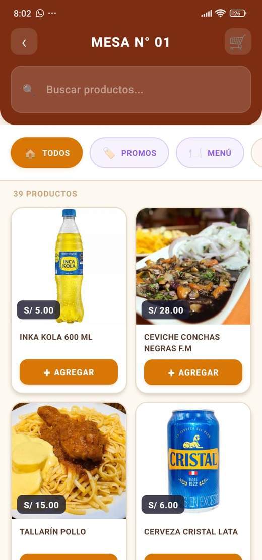 Carta con foto y precio de cada plato, filtros por categoría y un botón Agregar en cada producto.